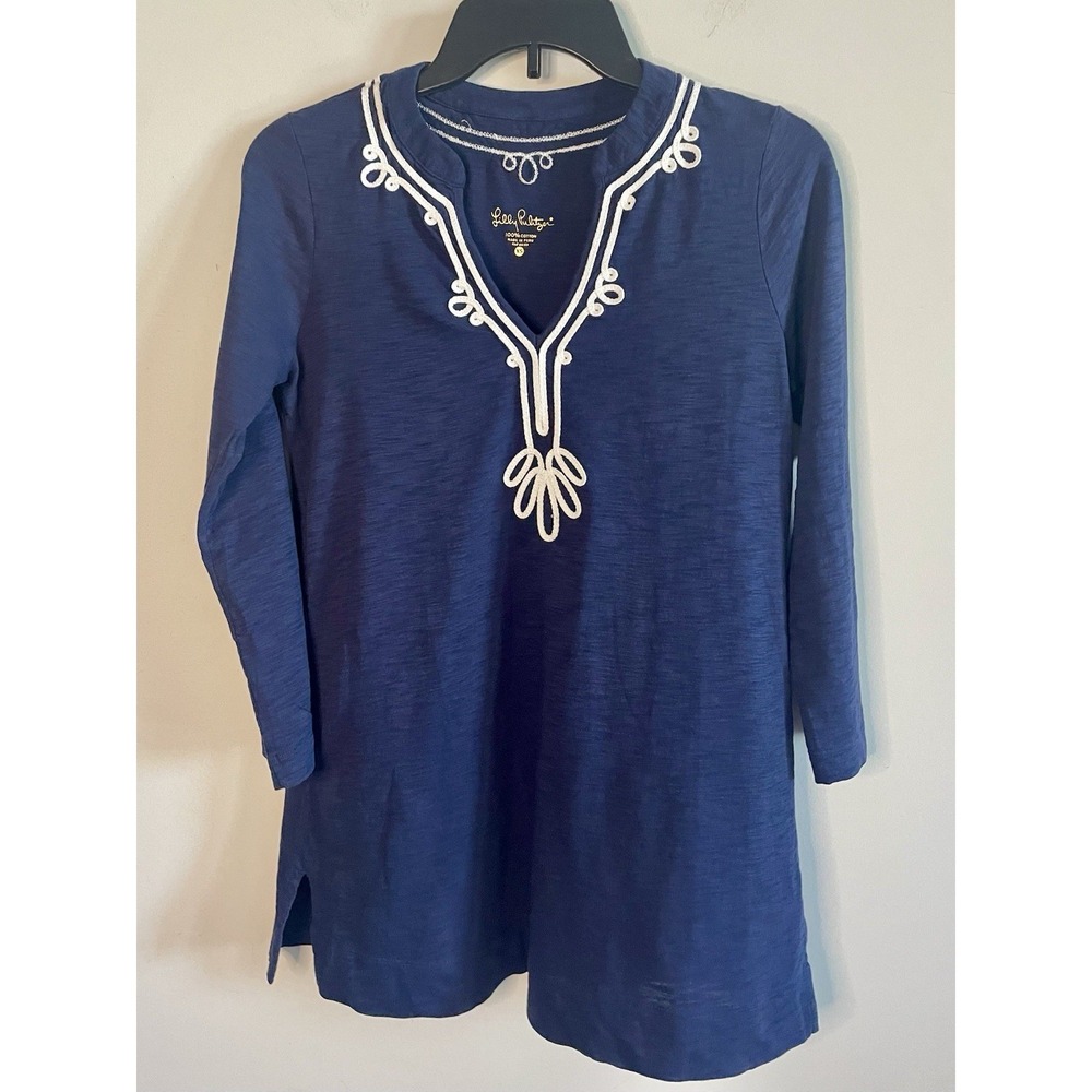 New Lily Pulitzer Small Kaia Tunic V-Neck Top Size S Navy White Shirt Blouse - Picture 2 of 9